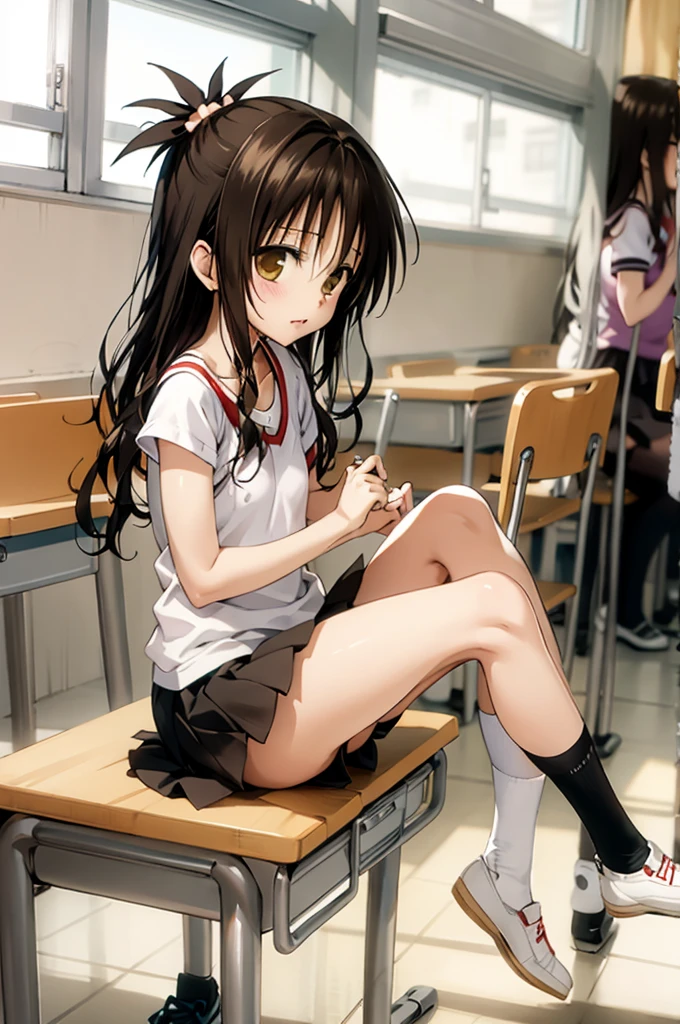 1girl,solo,yuuki mikan,, ,brown hair,, ,1girl,,,small breasts,,classroom,white shirts,ribbon,miniskirt,socks,shoes,sitting