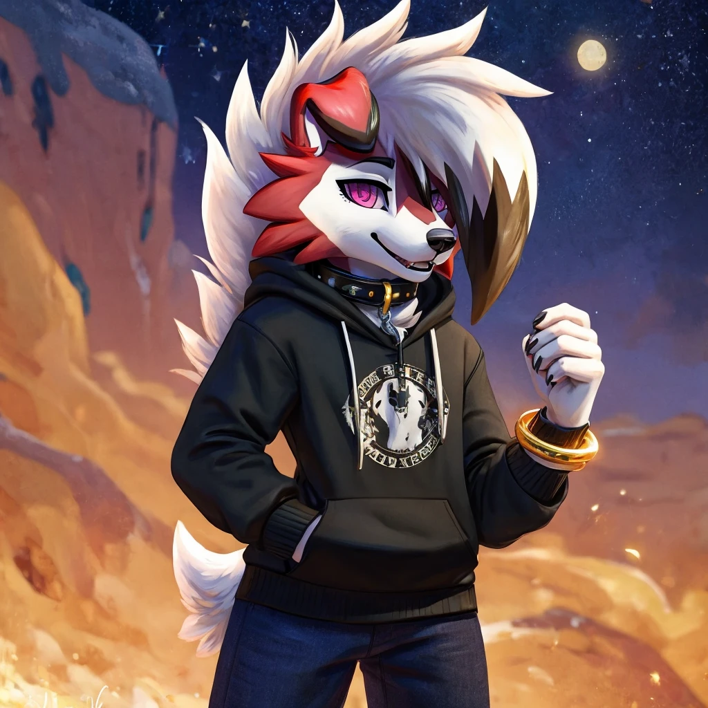 A white Midnight femboy lycanroc wearing a black sweatshirt and blue pants and white socks with black stripes and a gold dog collar on the neck and with bracelets on the arms
