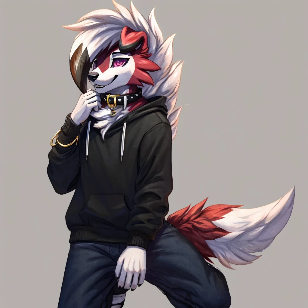 A white Midnight femboy lycanroc wearing a black sweatshirt and blue pants and white socks with black stripes and a gold dog collar on the neck and with bracelets on the arms