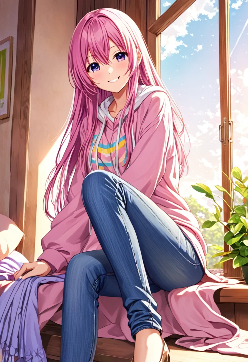 Megurine Luka smile casual clothes jeans colorful morning peace