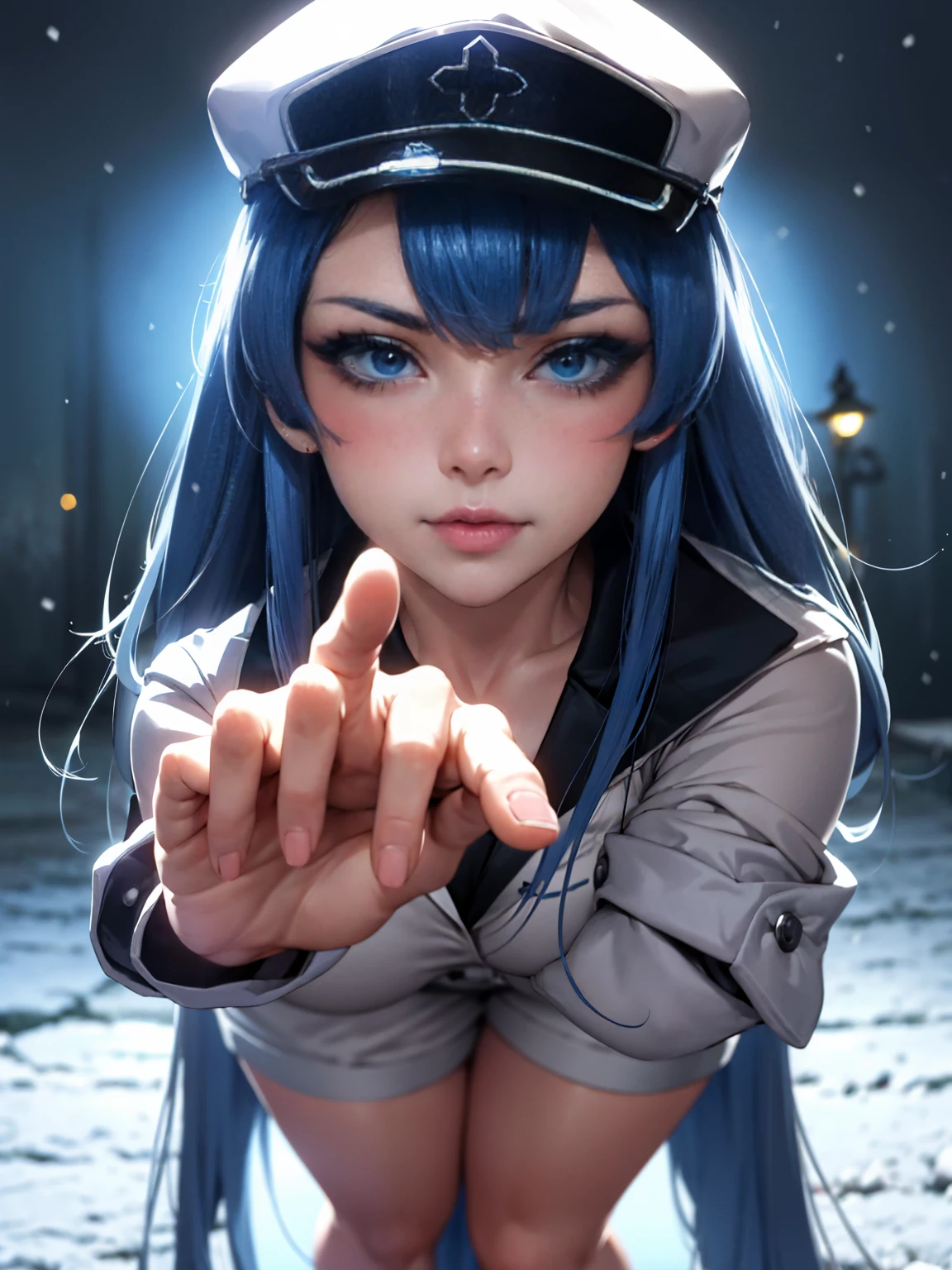 a girl with long blue hair, blue eyes, blue eyelashes, big breasts, white sweatshirt with a hat, walking, upset, on a street in Russia, snowing heavily, at night, (best quality,4k,8k,highres,masterpiece:1.2),ultra-detailed,(realistic,photorealistic,photo-realistic:1.37),HDR,UHD,studio lighting,extreme detail description,vivid colors,portrait,dramatic lighting,cold color tone