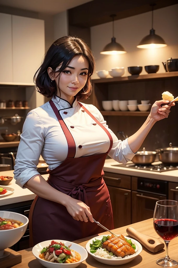 A high definition wide scene in a kitchen of a large restaurant with a beautiful oriental woman chef and restaurant owner and famous sommelier happy preparing her special dishes with wonderful red wines, wearing her chef uniform on her perfect body in her 50s with giant breasts and very short white hair in a beautiful smile while working intensely alongside a very young, muscular and handsome Brazilian assistant chef who is much younger than her