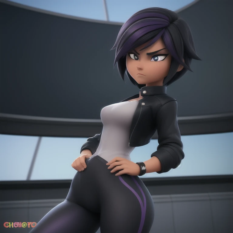 ((Masterpiece)), ((Best Quality)), (Detailed face:1.2), (Detailed eyes:1.2), (Detailed pupils:1.2), Ultra High Resolution, HDR, absurderes, 8K, intricate details, ultra-detailed, dramatic lighting, (solo, 1 girl:1.02), Gogo_Tomago, short hair, black hair, jewelry, jacket, lo purple hair, shorts, bracelet, makeup, casual, cropped jacket, leggings, sleeves pushed up, capri pants, black leggings, cowboy shot, brown eyes, looking at the viewer, medium breasts,outdoors,city,
