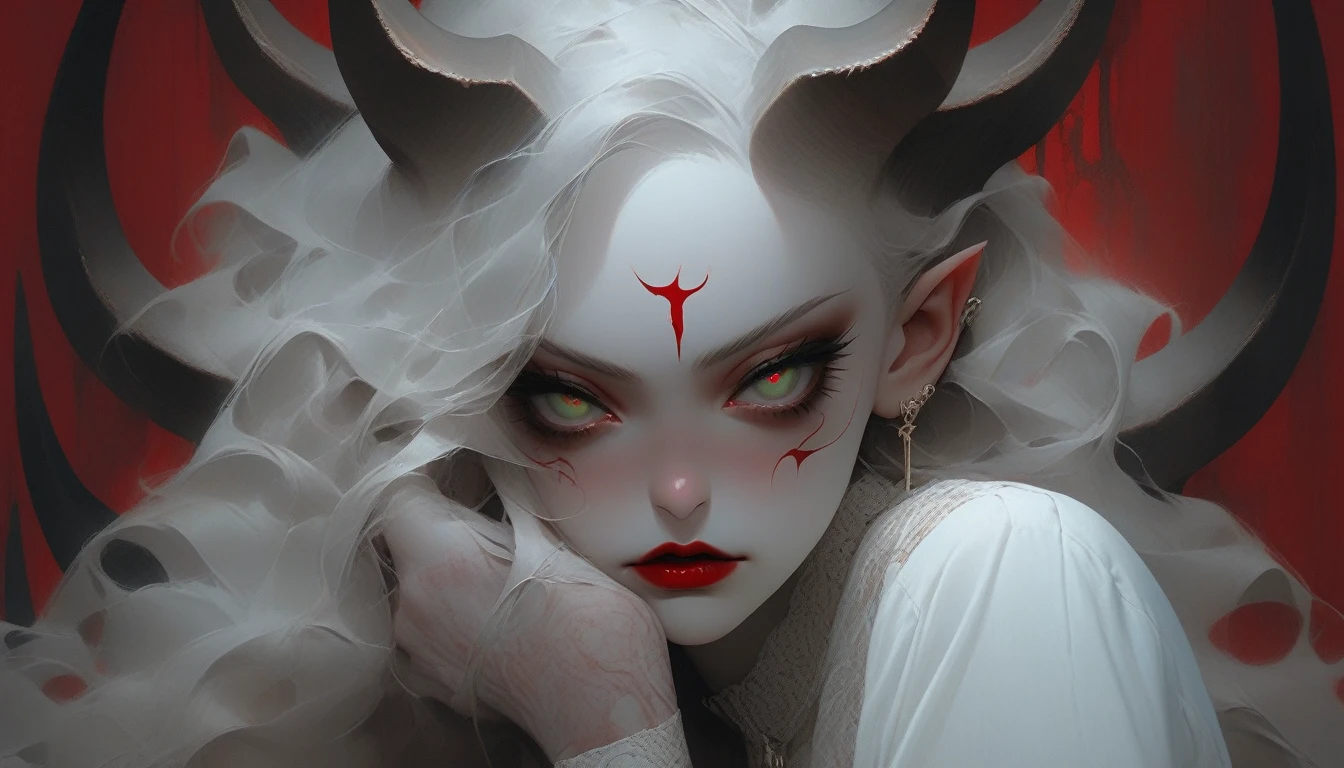 Portrait, close up, Bron above, Skinhead girl, demon girl, very angry, ((total smokey eyes)), (skinhea:1.2 ) , (emerald eyes), (white blouse), (long intricate horns:1.3), red liquid lips, (best quality), highest quality, extremely detail, 8k, wallpaper, detailed and intricate,