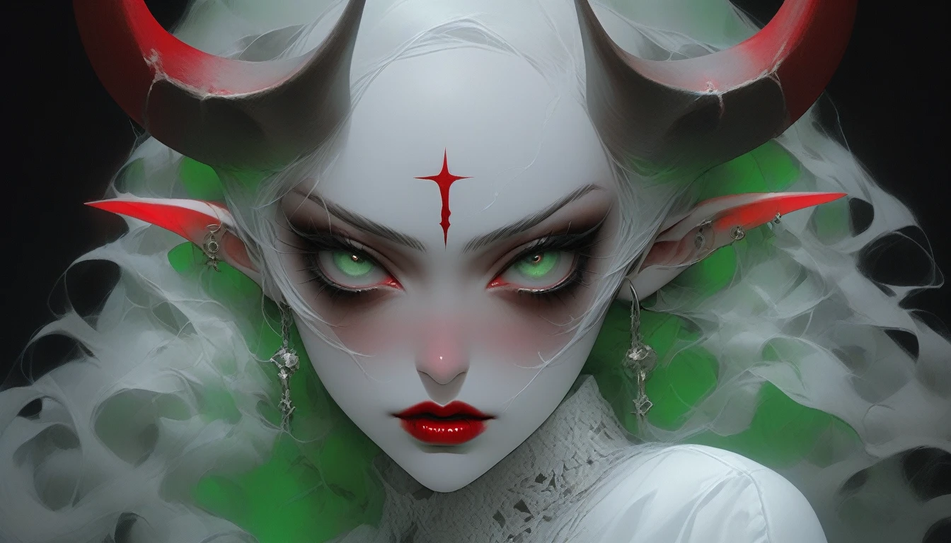 Portrait, close up, Bron above, Skinhead girl, demon girl, very angry, ((total smokey eyes)), (skinhea:1.2 ) , (emerald eyes), (white blouse), (long intricate horns:1.3), red liquid lips,  (best quality), highest quality, extremely detail,  8k, wallpaper, detailed and intricate,
