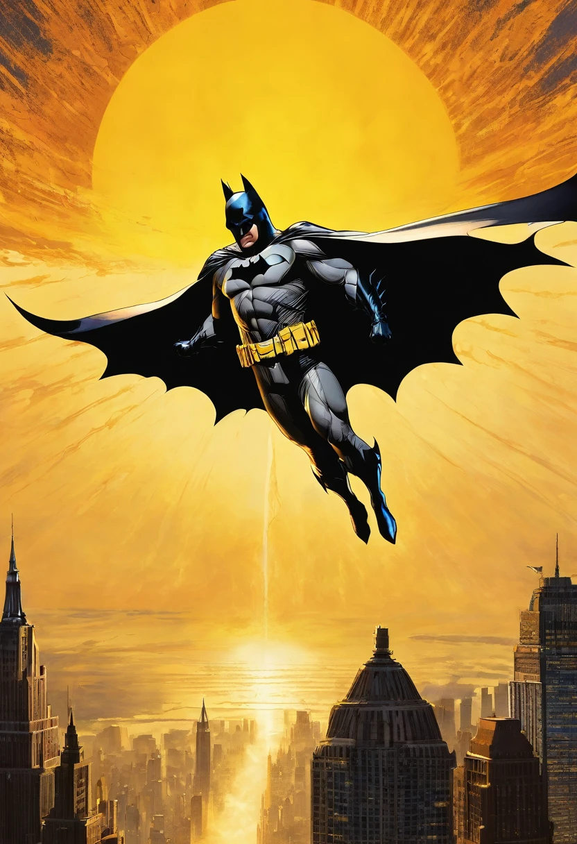 A striking silhouette of Batman, suspended in mid-air with outstretched arms, creates a dramatic contrast against the vibrant backdrop of a colossal, fully-risen sun. The sun emits a stunning orange-yellow radiance that illuminates the scene. Batman's long coat billows in the imaginary wind, adding to the sense of freedom and wonder. This captivating image evokes a feeling of transcendence, as if Batman is defying gravity and the laws of physics, soaring above the world in a moment of pure, unadulterated power.