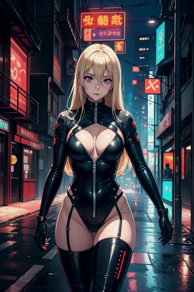 
best quality, anime girl in a black bodysuit stands on a city street, seductive anime girl, cyberpunk , Anime style 4k, cyberpunk digital anime art, blonde anime girl with long hair, cyberpunk anime girl, Anime style. 8k, modern cyberpunk anime, best anime 4k konachan wallpapers, smooth anime cg art, anime cyberpunk art, Anime waifu, large form