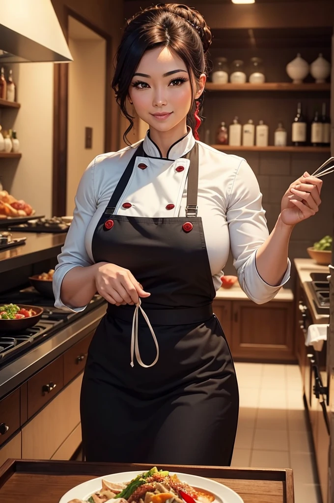 A high definition wide scene in a kitchen of a large restaurant with a beautiful oriental woman chef and restaurant owner and famous sommelier happy preparing her special dishes with wonderful red wines, wearing her chef uniform on her perfect body in her 50s with giant breasts and very short white hair in a beautiful smile while working intensely alongside a very young, muscular and handsome Brazilian assistant chef who is much younger than her
