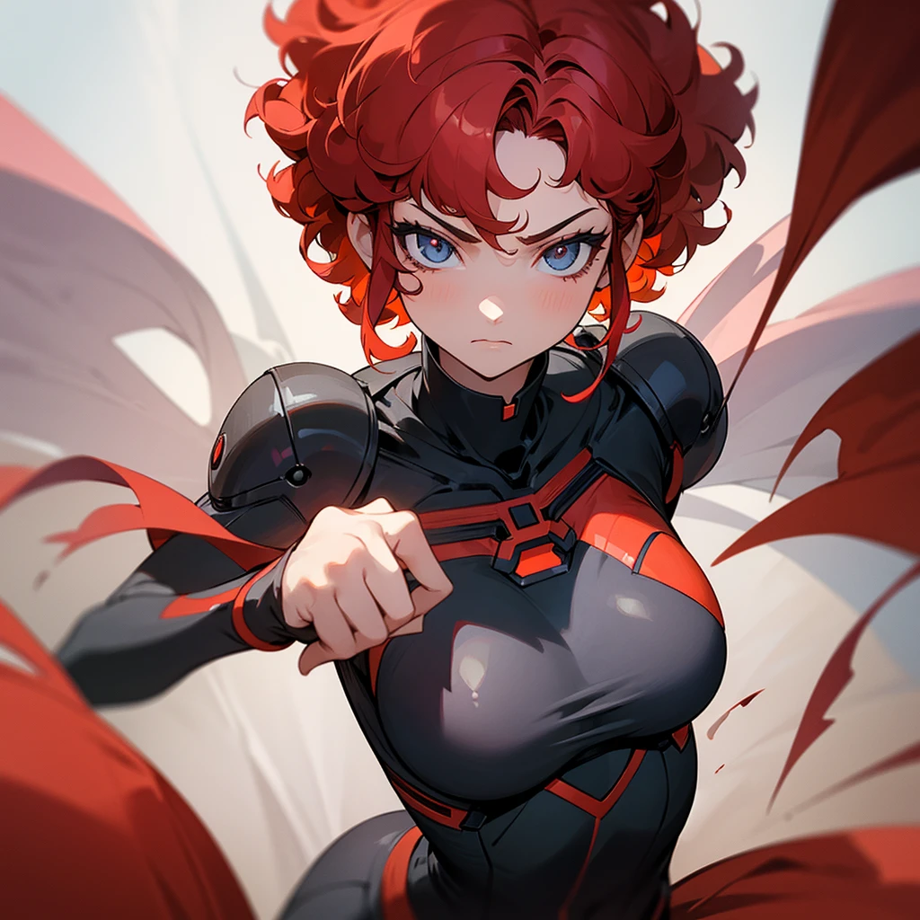 Girl with short, curly hair, red locks and colored eyes but with a serious expression wearing a super hero costume but in black.