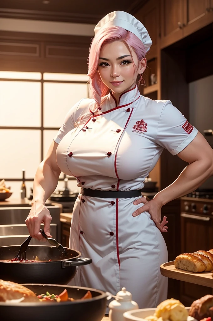 A high definition wide scene in a kitchen of a large restaurant with a beautiful oriental woman chef and restaurant owner and famous sommelier happy preparing her special dishes with wonderful red wines, wearing her chef uniform on her perfect body in her 50s with giant breasts and very short white hair in a beautiful smile while working intensely alongside a very young, muscular and handsome Brazilian assistant chef who is much younger than her