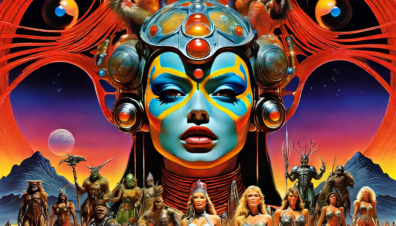 a movie poster for slave girls from beyond infinity, inspired by Clyde Caldwell, futuristic apocalypse, stalenhag, metal album cover, gwar, heavy metal band promo, wayne barlowe pierre pellegrini, retro sci fi, movie poster with no text, movie poster promo, ultra detailed, complex, sharp focus, object texture, studio photo, intricate details, highly detailed, Real Photo style, hyper-realistic, high dynamic range, rich colors, realistic textures, 8K uhd, high color depth, Nikon D 850, Kodak 400 port, fujifilm XT, (cinematic film:3.1)