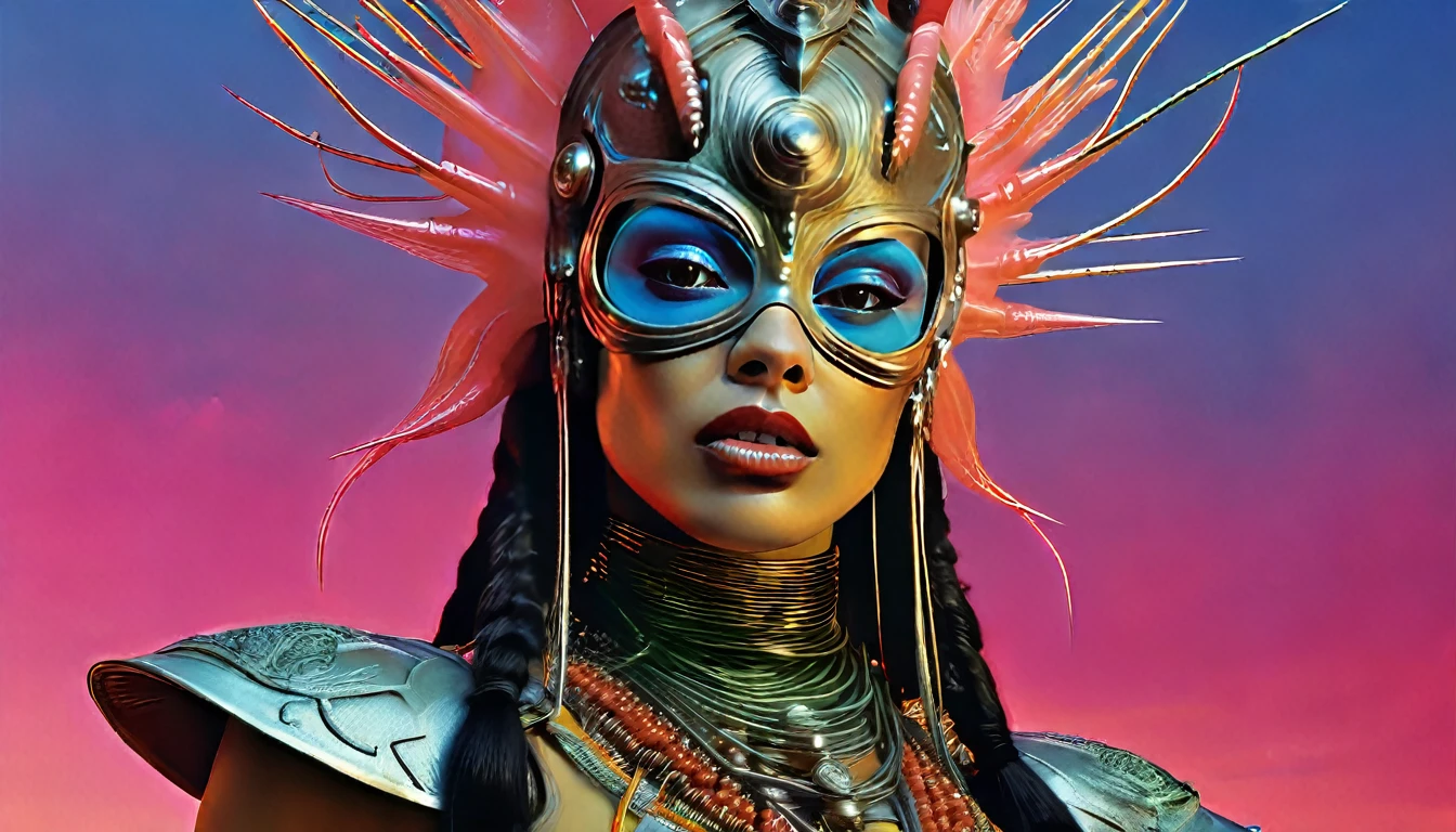 score_9, score_8_up, score_7_up, 1woman, breasts, blue hair, blue eyes, cleavage, earrings, covered nipples,  jewelry, big breasts, makeup, eyeshadow, red lipstick, mask,  helmet, white fur jacket, cyberpunk, throne, retro artstyle, 1980s (style), realistic, science fiction<lora:Luis_Royo_style_V1_Pony:0.8>