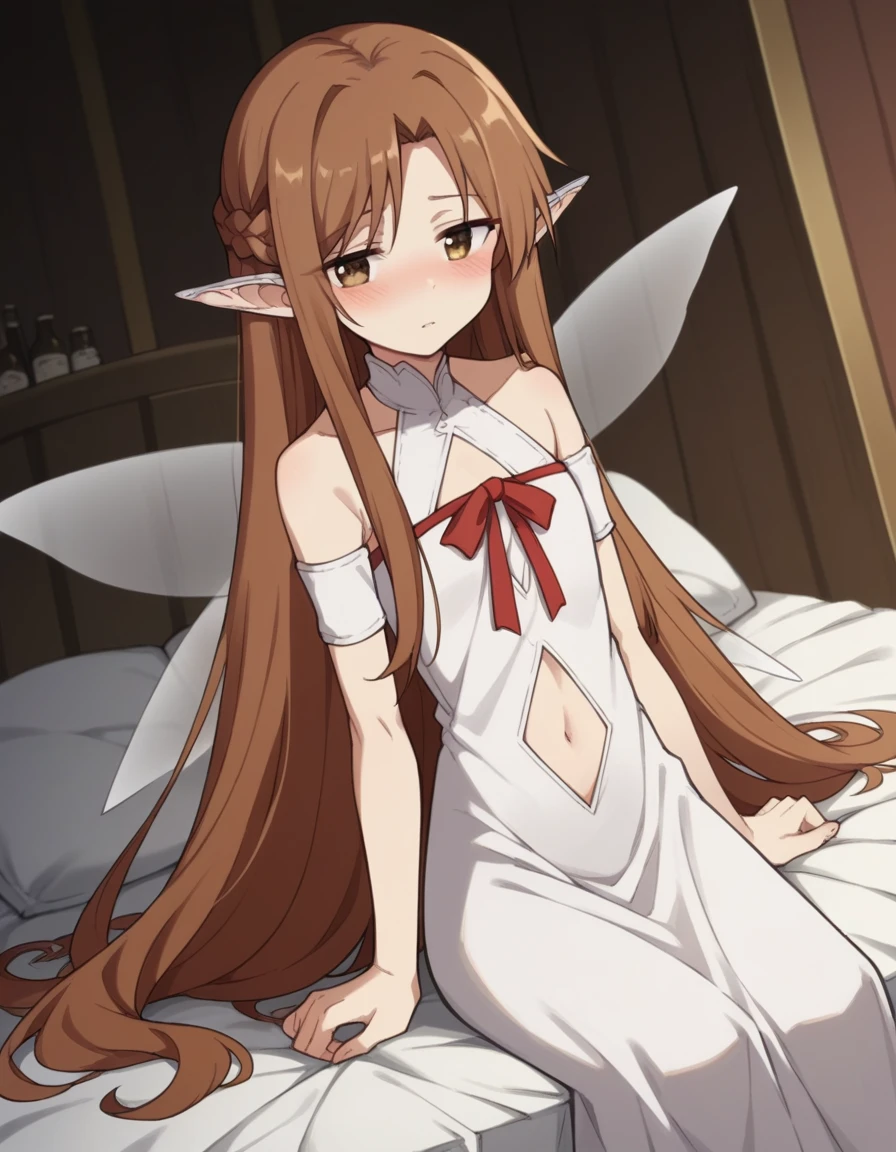 score_9, score_8_superior, score_7_superior, sauce_anime,
asunayuuki, As Yuuki, Long Hair, Brown Hair, Brown eyes, very Long Hair, Braiding, Pointed Ears, Fairy, Ear coverings,
belly button, Bare shoulders, abdomen, dress, white dress, ribbon, red ribbon, Fairy, Fairy wings,
indoor, bed, bed room, ~ side, blush, Drunk,
Cowboy Shot, View your viewers, alone, Dutch Angle,