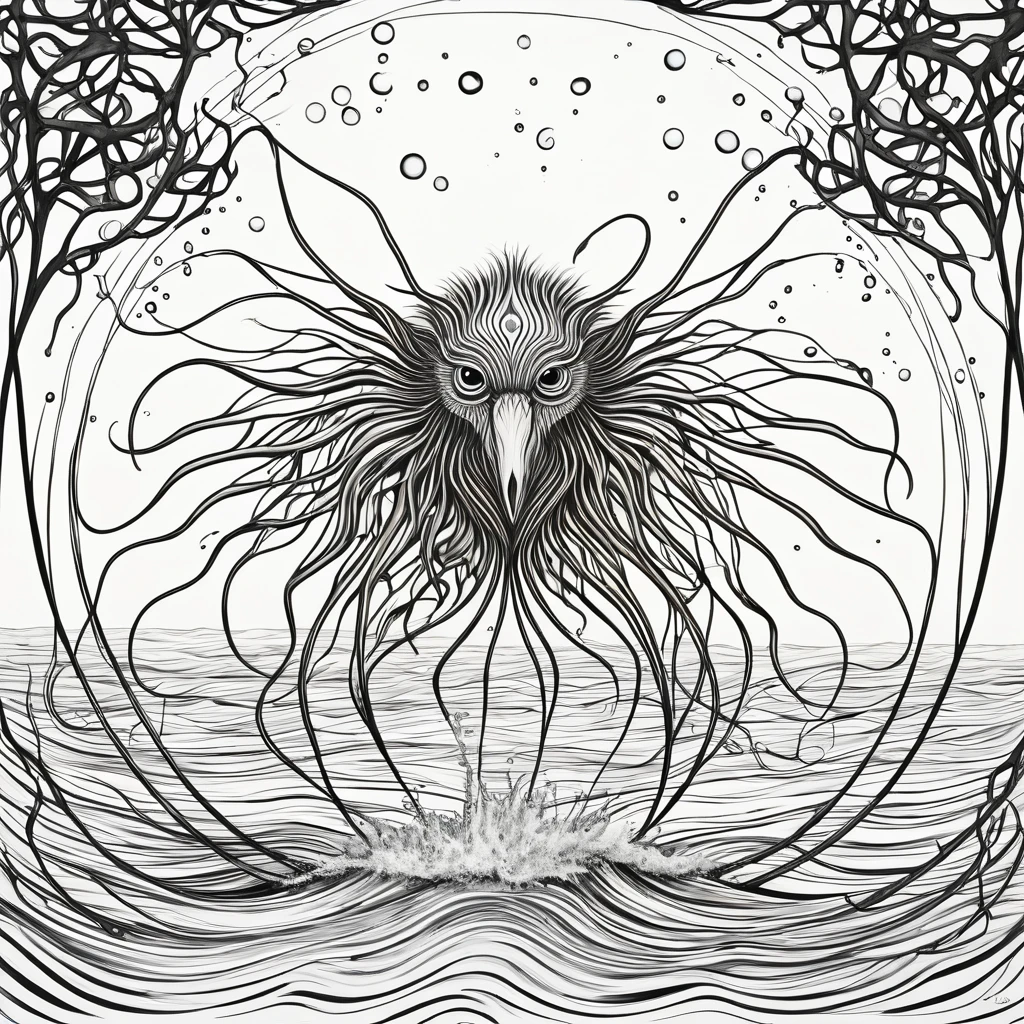 Real photography, unique composition that mixes and brings together in an almost surreal drawing four different types of animals in a single body of a Buffalo, tail of an Owl, head of Baboons, arms and legs of a Sea Spider. There is a frame in the image that refers to 2d drawn image of lines that become wind and water and fire and earth at the base, with transparent background