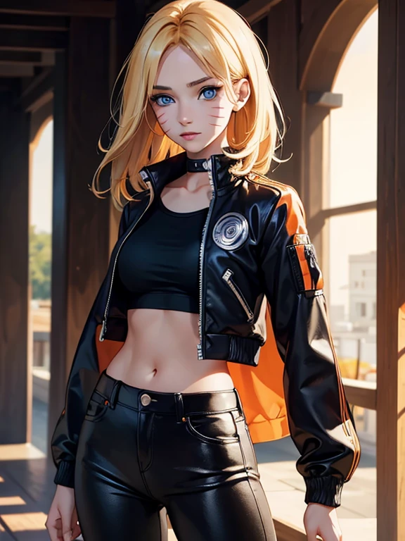 (masterpiece, best quality:1.2), expressive eyes, perfect face, highres, 1girl, solo, (female:1.5), NarukoUzumaki, blue eyes, blonde hair, long hair, facial mark, whisker markings, short hair, long sleeves, jacket, opened jacket, (naruto outfit), midriff, orange-black jacket, meshes, pants, black pants, standing, upper body, looking at the viewer