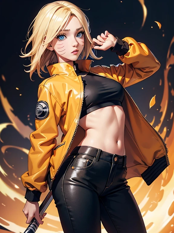 (masterpiece, best quality:1.2), expressive eyes, perfect face, highres, 1girl, solo, (female:1.5), NarukoUzumaki, blue eyes, blonde hair, long hair, facial mark, whisker markings, short hair, long sleeves, jacket, opened jacket, (naruto outfit), midriff, orange-black jacket, meshes, pants, black pants, standing, upper body, looking at the viewer