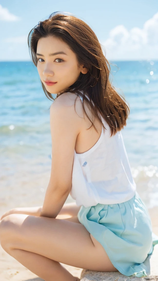 (((Top-down configuration:1.33)))、((No underwear:1.55))、One Girl、Beautiful and detailed eyes and face、barefoot、20 year old cute Japan woman, ((Extremely precise and accurate anatomy:1.0)), (photo Realistic:1.4), (hyper Realistic:1.4), (最高品質のRealisticな肌の質感:1.4), (Improvement of quality:1.4), (Enhances the beauty of skin texture:1.1), Clean and glowing skin, mesh, thin:1.2, (Realistic:1.3), Realisticなライティング, (Smoother lighting:1.05), (Improving the quality of cinema lighting:0.9), Backlight, A gentle light shining on your face, Ray Tracing, (Bright light:1.2), 32k, One Japanese woman, fine grain, Detailed face, (Film Grain:1.1),(Accentuates body lines:1.1), High resolution, Natural look, Kind eyes, Improves hair quality, Delicate light and shadow, Transparent muscle, Graceful pose, Beautiful Eyes, Sharp details, Soft light reflection, Beautiful contours, Delicate skin tone, Fine hair texture, Natural background, (((sunny day、Beach、A strong wind is blowing、Her hair and skirt are flying、Squat, Traditional navy blue sailor uniform、Open shirt、Pleated skirt、Scooping seawater with hands:1.25、splash、Sandy Beach、Light of the sun、clear blue sea、The waves crash quietly、Blue sky and white clouds、green mountain々、Beautiful Nature、The joy of youth)))、