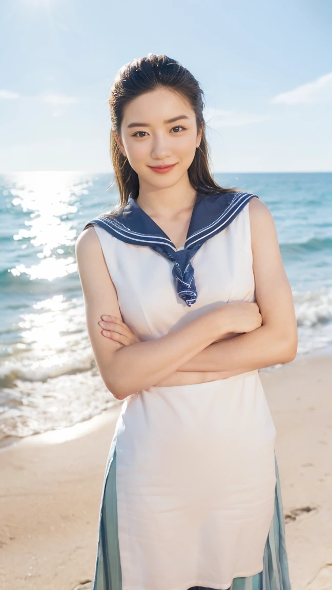 (((Top-down configuration:1.33)))、((No underwear:1.55))、One Girl、Beautiful and detailed eyes and face、barefoot、20 year old cute Japan woman, ((Extremely precise and accurate anatomy:1.0)), (photo Realistic:1.4), (hyper Realistic:1.4), (最高品質のRealisticな肌の質感:1.4), (Improvement of quality:1.4), (Enhances the beauty of skin texture:1.1), Clean and glowing skin, mesh, thin:1.2, (Realistic:1.3), Realisticなライティング, (Smoother lighting:1.05), (Improving the quality of cinema lighting:0.9), Backlight, A gentle light shining on your face, Ray Tracing, (Bright light:1.2), 32k, One Japanese woman, fine grain, Detailed face, (Film Grain:1.1),(Accentuates body lines:1.1), High resolution, Natural look, Kind eyes, Improves hair quality, Delicate light and shadow, Transparent muscle, Graceful pose, Beautiful Eyes, Sharp details, Soft light reflection, Beautiful contours, Delicate skin tone, Fine hair texture, Natural background, (((sunny day、Beach、A strong wind is blowing、Her hair and skirt are flying、Squat, Traditional navy blue sailor uniform、Open shirt、Pleated skirt、Scooping seawater with hands:1.25、splash、Sandy Beach、Light of the sun、clear blue sea、The waves crash quietly、Blue sky and white clouds、green mountain々、Beautiful Nature、The joy of youth)))、