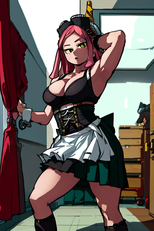 (Alone),Mei Hatsume, a girl with yellow eyes with cross-shaped pupils and asymmetrically combed pink hair, with two longer strands on the right side of her face, stood in front of a full-figured woman. long mirror admiring your reflection.(Wearing),+,Wearing),+,(\A maid uniform with The apron is made of sheer, almost translucent black lace, which barely hides the maid's curvaceous body underneath. The front falls scandalously low, exposing the fullness of her breasts and most of her cleavage. Thin straps hold the apron in place, digging into your shoulders and drawing attention to your toned arms. Her corset is a slinky red number with built-in push-up cups that enhance her already impressive bust size. The corset has a deep V-neckline that disappears into the apron, emphasizing her ample cleavage. Thong-style laces crisscross her back, drawing attention to her narrow waist and the tantalizing hint of her ass. Her miniskirt is made from the same sheer lace as her apron, ending at mid-thigh to give a full view of her toned legs and the red garter belt wrapped around them. The garter belt supports fishnet stockings that ride up mid-thigh, adding a touch of fetish to the overall look. On her feet, she wears stiletto heels with ankle straps, enhancing her seductive and leggy appearance. Her hair is styled in loose, tousled waves, framing her face and drawing attention to her full lips, painted a bold crimson red. To complete the look, she uses a white duster as a prop, using it to tease and caress her own body in suggestive ways. The overall effect is one of unabashed, unapologetic sexuality packaged in a classic maid uniform that has become entirely explicit and provocative.)/,+,(\Facing the front of the fourth wall looking at the fourth wall:1.5)/