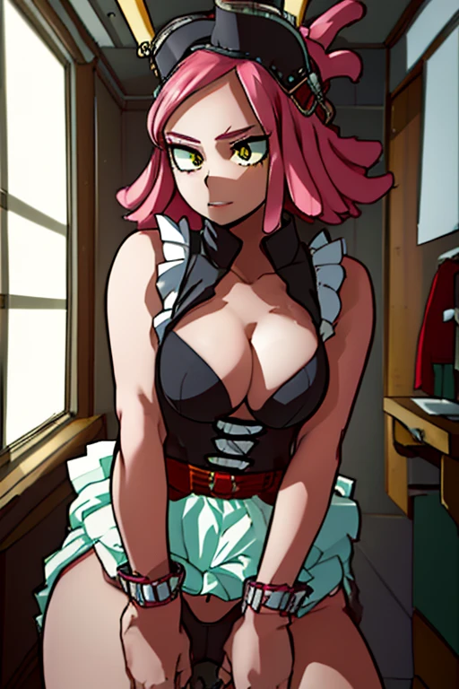 (Alone),Mei Hatsume, a girl with yellow eyes with cross-shaped pupils and asymmetrically combed pink hair, with two longer strands on the right side of her face, stood in front of a full-figured woman. long mirror admiring your reflection.(Wearing),+,Wearing),+,(\A maid uniform with The apron is made of sheer, almost translucent black lace, which barely hides the maid's curvaceous body underneath. The front falls scandalously low, exposing the fullness of her breasts and most of her cleavage. Thin straps hold the apron in place, digging into your shoulders and drawing attention to your toned arms. Her corset is a slinky red number with built-in push-up cups that enhance her already impressive bust size. The corset has a deep V-neckline that disappears into the apron, emphasizing her ample cleavage. Thong-style laces crisscross her back, drawing attention to her narrow waist and the tantalizing hint of her ass. Her miniskirt is made from the same sheer lace as her apron, ending at mid-thigh to give a full view of her toned legs and the red garter belt wrapped around them. The garter belt supports fishnet stockings that ride up mid-thigh, adding a touch of fetish to the overall look. On her feet, she wears stiletto heels with ankle straps, enhancing her seductive and leggy appearance. Her hair is styled in loose, tousled waves, framing her face and drawing attention to her full lips, painted a bold crimson red. To complete the look, she uses a white duster as a prop, using it to tease and caress her own body in suggestive ways. The overall effect is one of unabashed, unapologetic sexuality packaged in a classic maid uniform that has become entirely explicit and provocative.)/,+,(\Facing the front of the fourth wall looking at the fourth wall:1.5)/