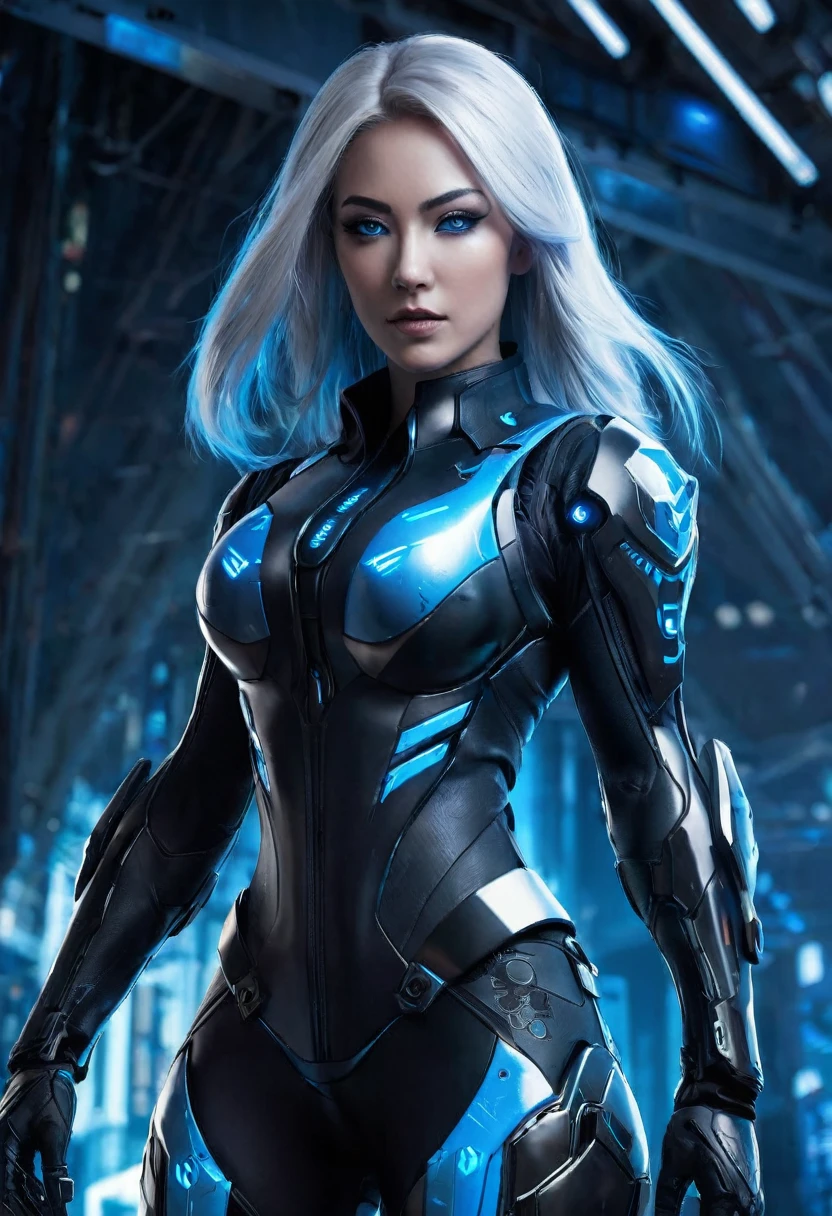 create a character for a video game Character: Nyx "ghost" Halvorsen Biography: Full name: Nyx Halvorsen Alias: "ghost" Age: 32 years Nationality: Nordic (Norway) Specialization: Infiltration and Cybersecurity History: Nyx Halvorsen, known in the world of cyber operations as "ghost", is a former military intelligence agent who specialized in covert operations and cybersecurity. Criada en los fríos y ásperos paisajes de Norway, Nyx demonstrated an exceptional talent for technology and combat from an early age.. After enlisting in the army at age 18, He quickly rose to the ranks of the special forces, where she was recruited by a secret unit dedicated to cyber operations. Physical features: Height: 1.75 meters Weight: 65 kg Build: Athletic and agile eyes: Blues with a cybernetic glow when using technological abilities Hair: long, white with cyber blue highlights Distinctive Features: Cybernetic implants in the hands and spine, scar on left cheek full body seen from head to toe