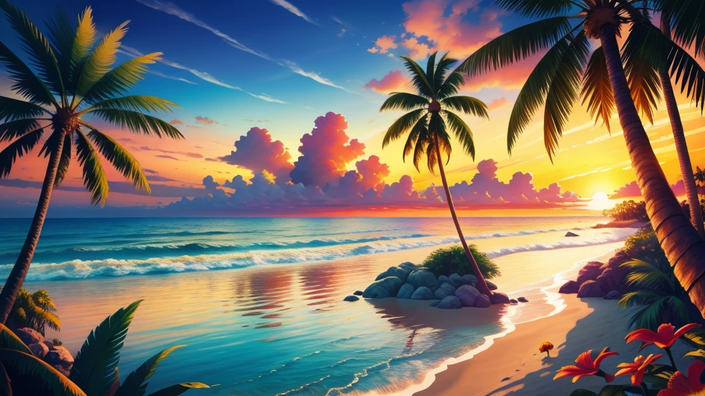 Masterpiece, best quality, sunny beach, undulating palm trees and vibrant tropical landscapes, photorealistic, photography, sunny, twilight, tropical jungle, highres, flower, cinematic lighting