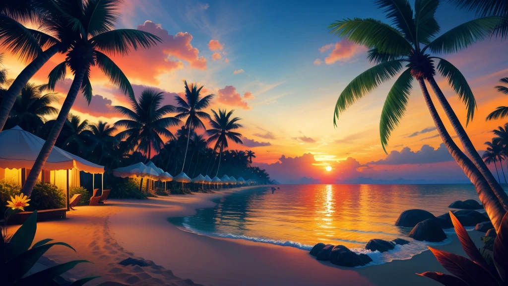 Masterpiece, best quality, sunny beach, undulating palm trees and vibrant tropical landscapes, photorealistic, photography, sunny, twilight, tropical jungle, highres, flower, cinematic lighting
