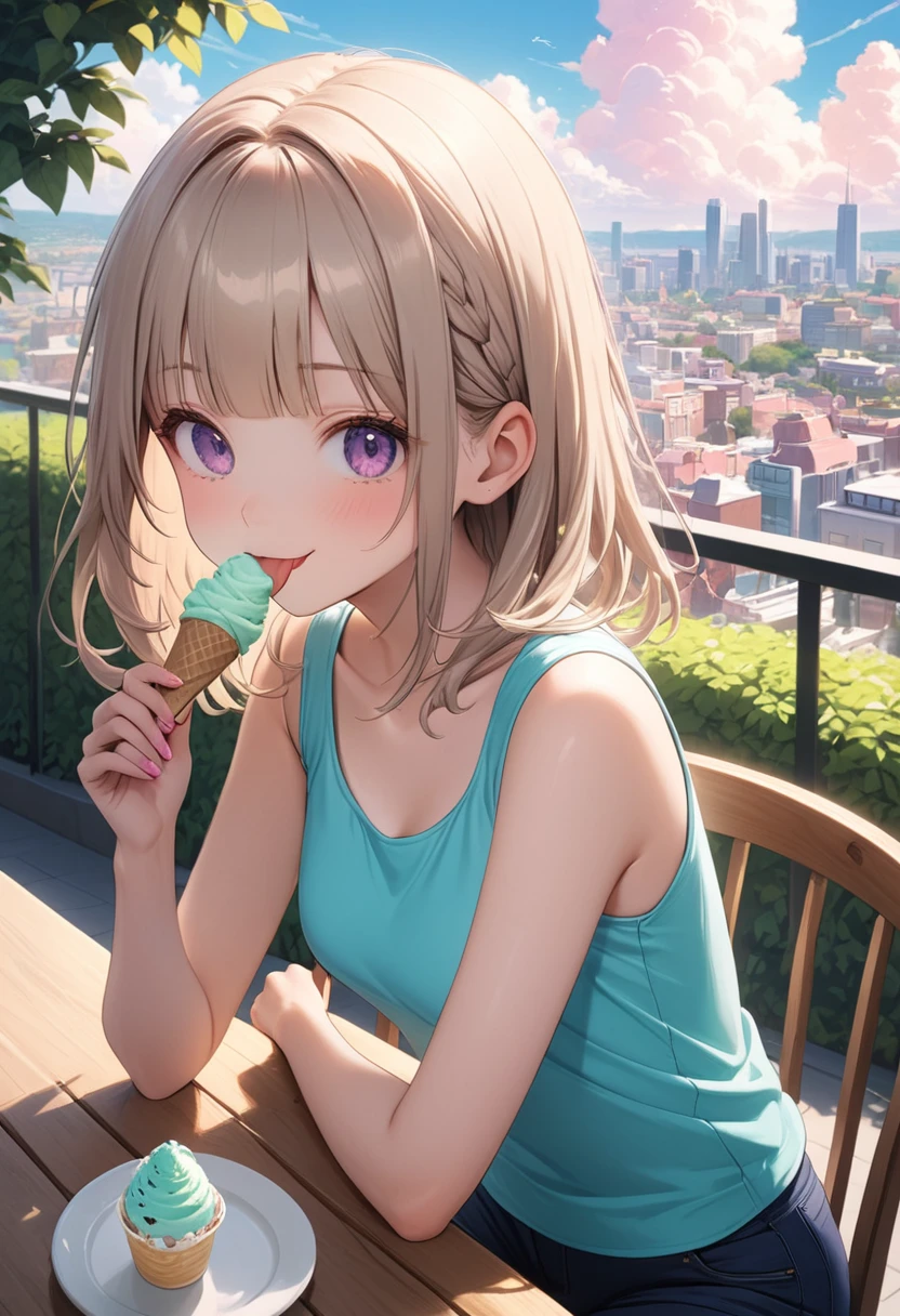 1 Girl, ,Highest quality, Very detailed, masterpiece, Outdoor ,Sitting,garden,Green Eyes,Blonde, Long Hair, Eyebrows visible through hair, White camisole,undressing,((bare breast)),Shine, bangs, Shine, Flat Chest,In the heat,orgasm,Open your mouth,naked,((Eating white ice cream,swallow)),Spread your legs,breast,pussy,cum in mouth,cum on breast,