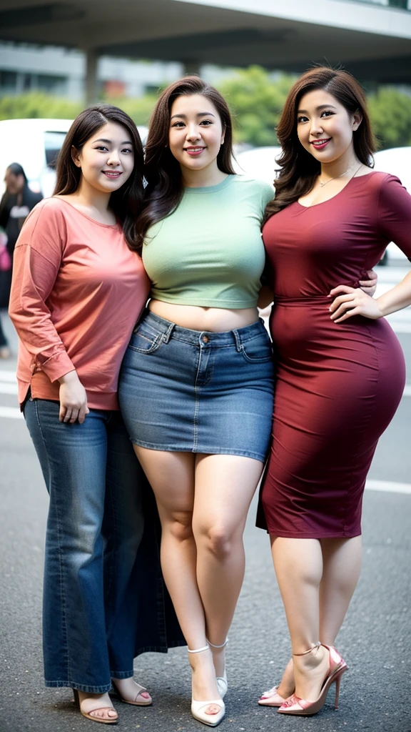 Quadruplets，Smiling fat woman  ((best quality)), ((masterpiece)), (detailed), Perfect face, Wearing a green loose sweatshirt and short skirt, The other was wearing a red loose plaid shirt and jeans, Thin waist and thick hips,  Soft curves, hyperPractical full figure, Wearing a cute top, Long legs,,thickness, Beautiful plump woman, Four curvy female targets，Clear curve details, Curvy hourglass figure, Charming plus size models, bbw酱, full image, Surface Model, Curvy body, （full-body shot）blush, 1girll fat , Golden Ratio,(White and tender skin:),High quality background, HD, Practical, HDR. pedestrian mall，Skin as white as paper，High heel，Supercar，Auto Show