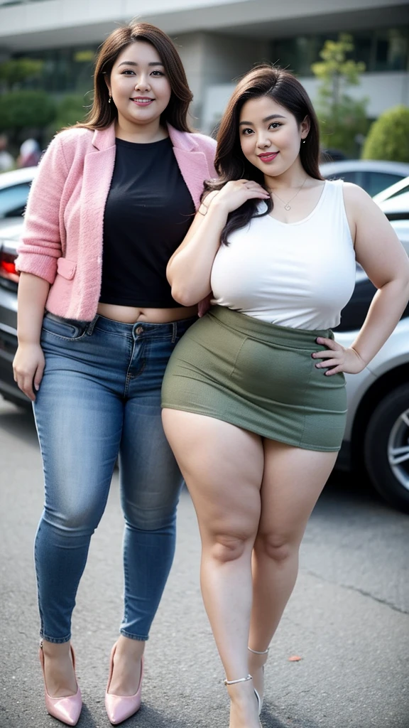 Quadruplets,Smiling fat woman ((best quality)), ((masterpiece)), (detailed), Perfect face, Wearing a green loose sweatshirt and short skirt, The other was wearing a red loose plaid shirt and jeans, Thin waist and thick hips, Soft curves, hyperPractical full figure, Wearing a cute top, Long legs,,thickness, Beautiful plump woman, Four curvy female targets,Clear curve details, Curvy hourglass figure, Charming plus size models, bbw酱, full image, Surface Model, Curvy body, (full-body shot)blush, 1girll fat , Golden Ratio,(White and tender skin:),High quality background, HD, Practical, HDR. pedestrian mall,Skin as white as paper,High heel,Supercar,Auto Show