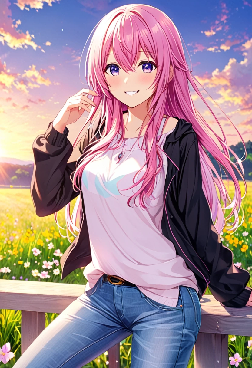 Megurine Luka smile casual clothes jeans colorful morning peace