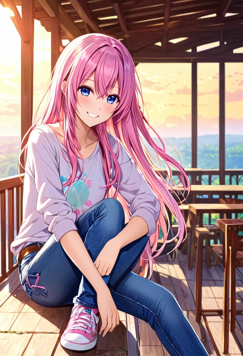 Megurine Luka smile casual clothes jeans colorful morning peace