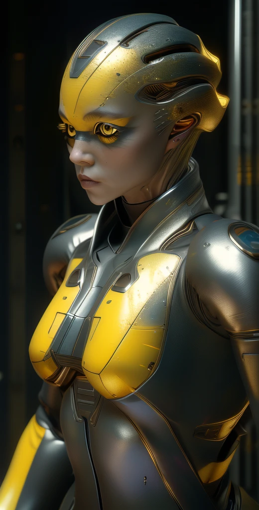 1 girl, solo, (look at viewer), ((Best quality)), ((masterpiece)), (detailed:1.4), ((upper body)), 3D, an image of a beautiful cyberpunk female,HDR (High Dynamic Range), Ray Tracing,NVIDIA RTX,Super-Resolution,Unreal 5,Subsurface scattering,PBR Texturing,Post-processing,Anisotropic Filtering,Depth-of-field,Maximum clarity and sharpness,Multi-layered textures,Albedo and Specular maps,Surface shading,Accurate simulation of light-material interaction,Perfect proportions,Octane Render,Two-tone lighting,Wide aperture,Low ISO,White balance,Rule of thirds,8K RAW, (((yellow eyes))), (((liquid metal black short hair))), PEEBEE, (dark skin:1.2), yellow eyes,,, medium breasts, yellow bodysuit, belt, (( gold amor))
