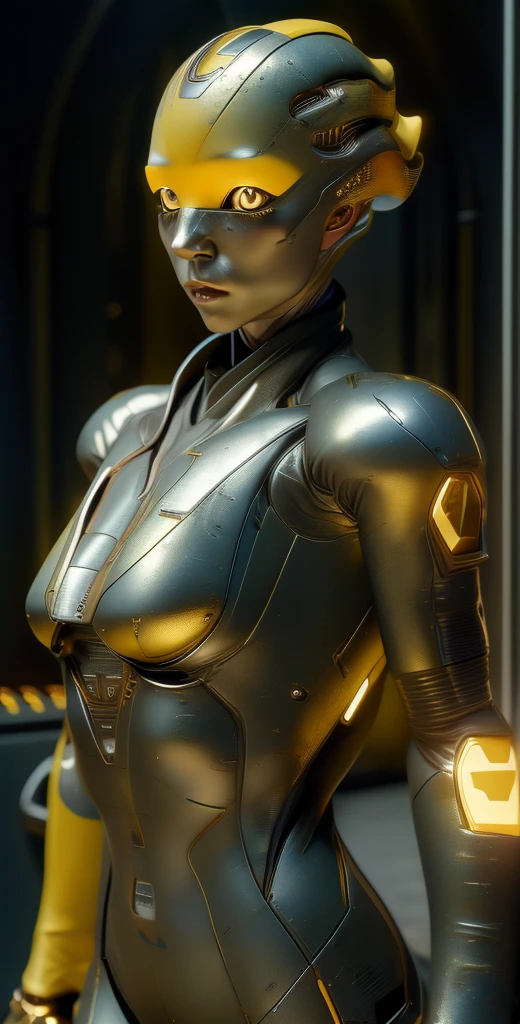 1 girl, solo, (look at viewer), ((Best quality)), ((masterpiece)), (detailed:1.4), ((upper body)), 3D, an image of a beautiful cyberpunk female,HDR (High Dynamic Range), Ray Tracing,NVIDIA RTX,Super-Resolution,Unreal 5,Subsurface scattering,PBR Texturing,Post-processing,Anisotropic Filtering,Depth-of-field,Maximum clarity and sharpness,Multi-layered textures,Albedo and Specular maps,Surface shading,Accurate simulation of light-material interaction,Perfect proportions,Octane Render,Two-tone lighting,Wide aperture,Low ISO,White balance,Rule of thirds,8K RAW, (((yellow eyes))), (((liquid metal black short hair))), PEEBEE, (dark skin:1.2), yellow eyes,,, medium breasts, yellow bodysuit, belt, (( gold amor))
