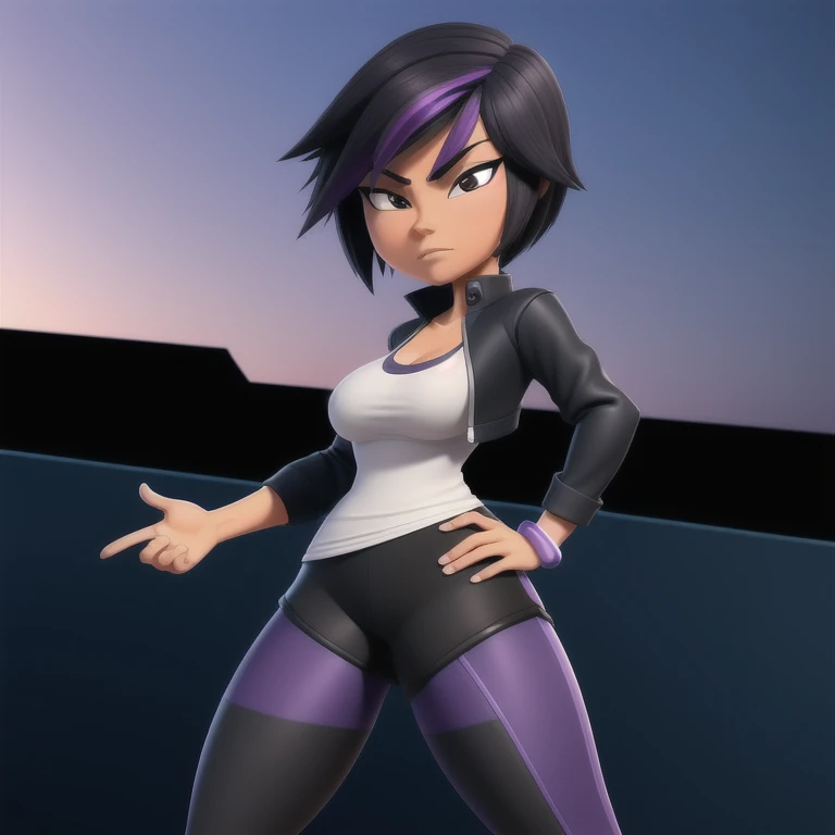 Gogo_Tomago, short black hair with purple streaks, jewelry, jacket, lo purple hair, shorts, bracelet, makeup, casual, cropped jacket, leggings, sleeves pushed up, lack leggings, cowboy shot, brown eyes, looking at the viewer, medium breasts,outdoors,city,