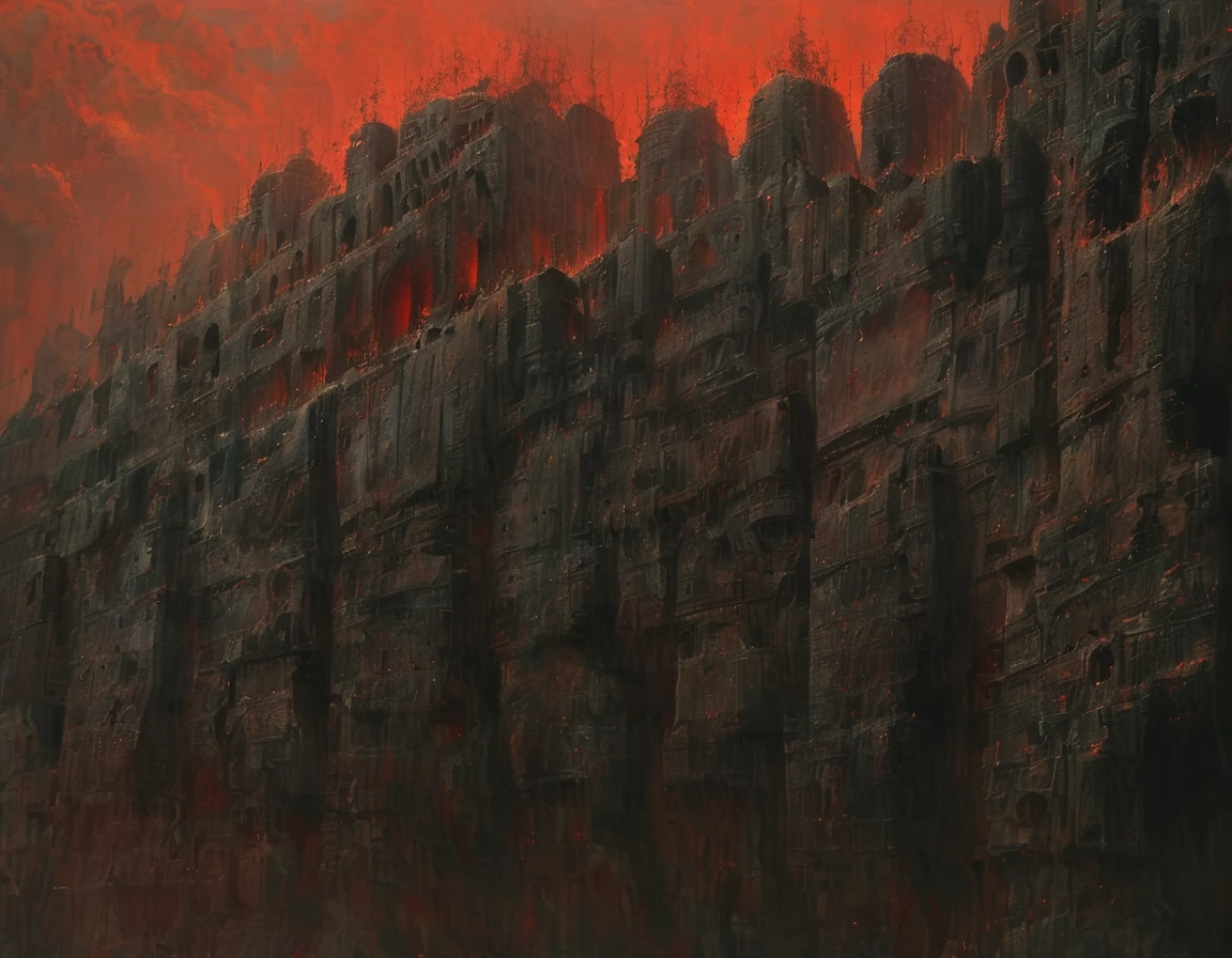 man with a humanoid face with many eyes and many arms, very tall , evening, Masterpiece, realism, zdzisław beksiński style, Oil Painting, Dark, darkness, perfect composition