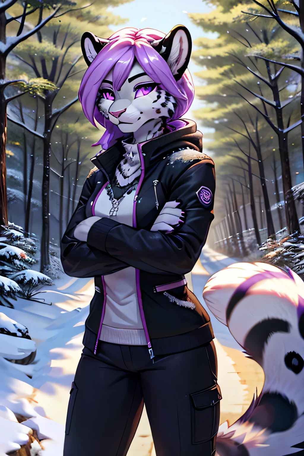intimidating feral Female snow leopard with purple eyes and clothes standing she in forest