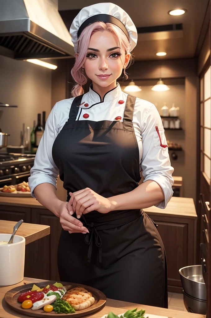 A wide high-definition scene in a kitchen of a large restaurant with a beautiful Arabic-style oriental woman with a slightly hooked nose, Chef, restaurant owner and famous sommelier happy preparing your special dishes with wonderful red wines, wearing her chef uniform on her perfect body in her 50s with giant breasts and very short white hair in a beautiful smile while working intensely alongside a very young, muscular and handsome Brazilian assistant chef who is much younger than her