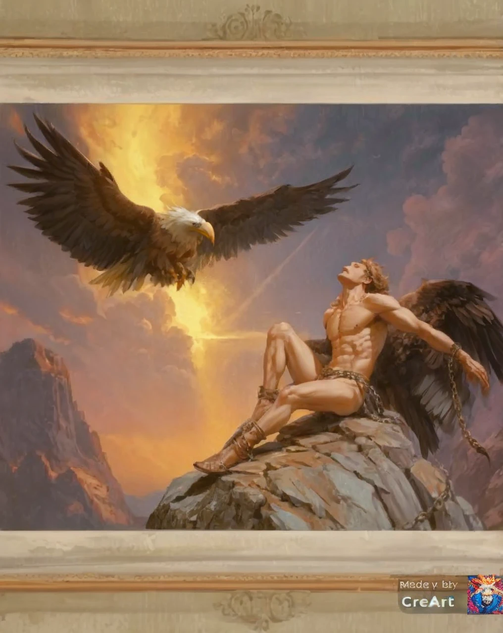 man chained to a rock with a large bird flying above him. The man is wearing a mask and is looking up at the bird. The scene is set in a dark and stormy sky. The image is likely a representation of Prometheus, a figure from Greek mythology who was punished by the gods for giving fire to humanity. He was chained to a rock and had his liver eaten by an eagle every day.