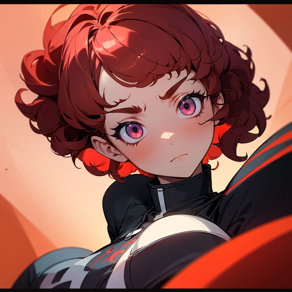 Girl with short, curly hair, red locks and colorful eyes but with a serious expression wearing a UA uniform