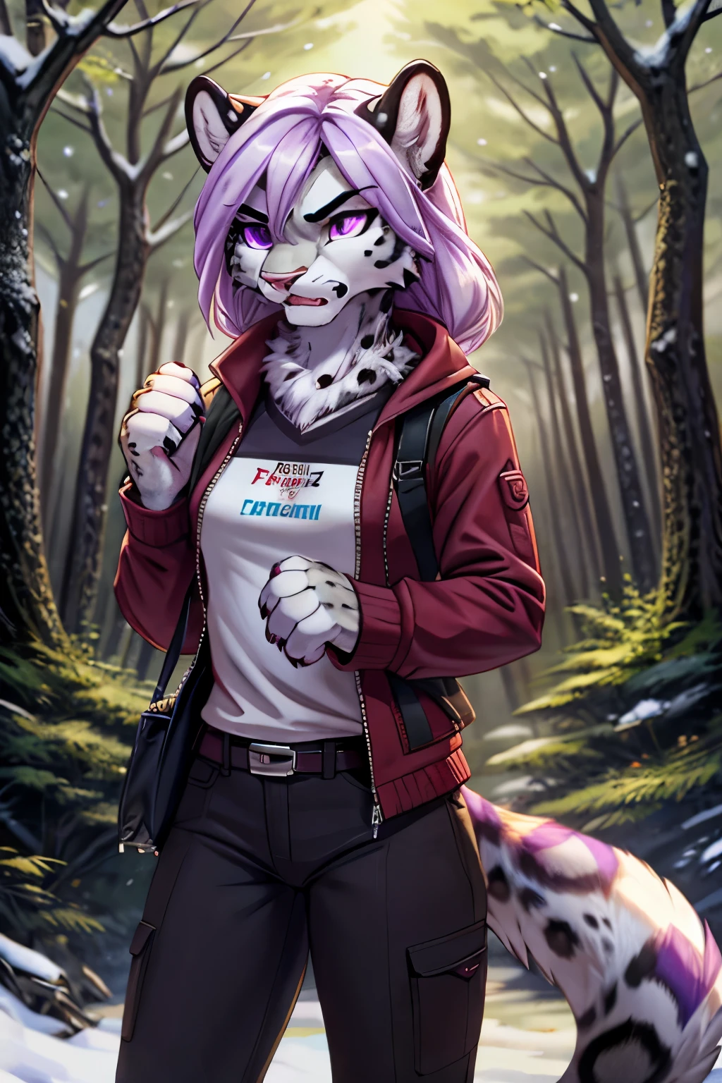 angry feral Female snow leopard with purple eyes and clothes standing she in forest