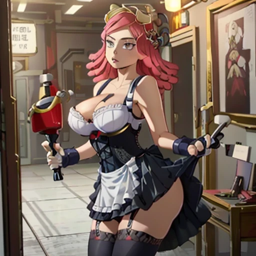 (Alone),Mei Hatsume, a girl with yellow eyes with cross-shaped pupils and asymmetrically combed pink hair, with two longer strands on the right side of her face, stood in front of a full-figured woman. long mirror admiring your reflection.(Wearing),+,Wearing),+,(\A maid uniform with The apron is made of sheer, almost translucent black lace, which barely hides the maid's curvaceous body underneath. The front falls scandalously low, exposing the fullness of her breasts and most of her cleavage. Thin straps hold the apron in place, digging into your shoulders and drawing attention to your toned arms. Her corset is a slinky red number with built-in push-up cups that enhance her already impressive bust size. The corset has a deep V-neckline that disappears into the apron, emphasizing her ample cleavage. Thong-style laces crisscross her back, drawing attention to her narrow waist and the tantalizing hint of her ass. Her miniskirt is made from the same sheer lace as her apron, ending at mid-thigh to give a full view of her toned legs and the red garter belt wrapped around them. The garter belt supports fishnet stockings that ride up mid-thigh, adding a touch of fetish to the overall look. On her feet, she wears stiletto heels with ankle straps, enhancing her seductive and leggy appearance. Her hair is styled in loose, tousled waves, framing her face and drawing attention to her full lips, painted a bold crimson red. To complete the look, she uses a white duster as a prop, using it to tease and caress her own body in suggestive ways. The overall effect is one of unabashed, unapologetic sexuality packaged in a classic maid uniform that has become entirely explicit and provocative.)/,+,(\Facing the front of the fourth wall looking at the fourth wall:1.5)/