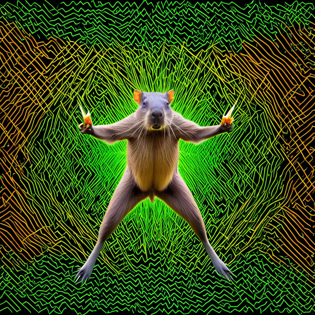 real photography, unique composition that mixes and brings together in an almost surreal design four different types of animals in one Capybara body, parrot tail, head of woolly monkeys, Spiny starfish arms and legs. There is a frame in the image that refers to the 2d image drawn with lines that become wind and water and fire and earth at the base, WITH TRANSPARENT BACKGROUND, plus a geometric simetric realistic neon logobrand word "shallow" in capital words, no degrade, white background, no shadow, no reflect