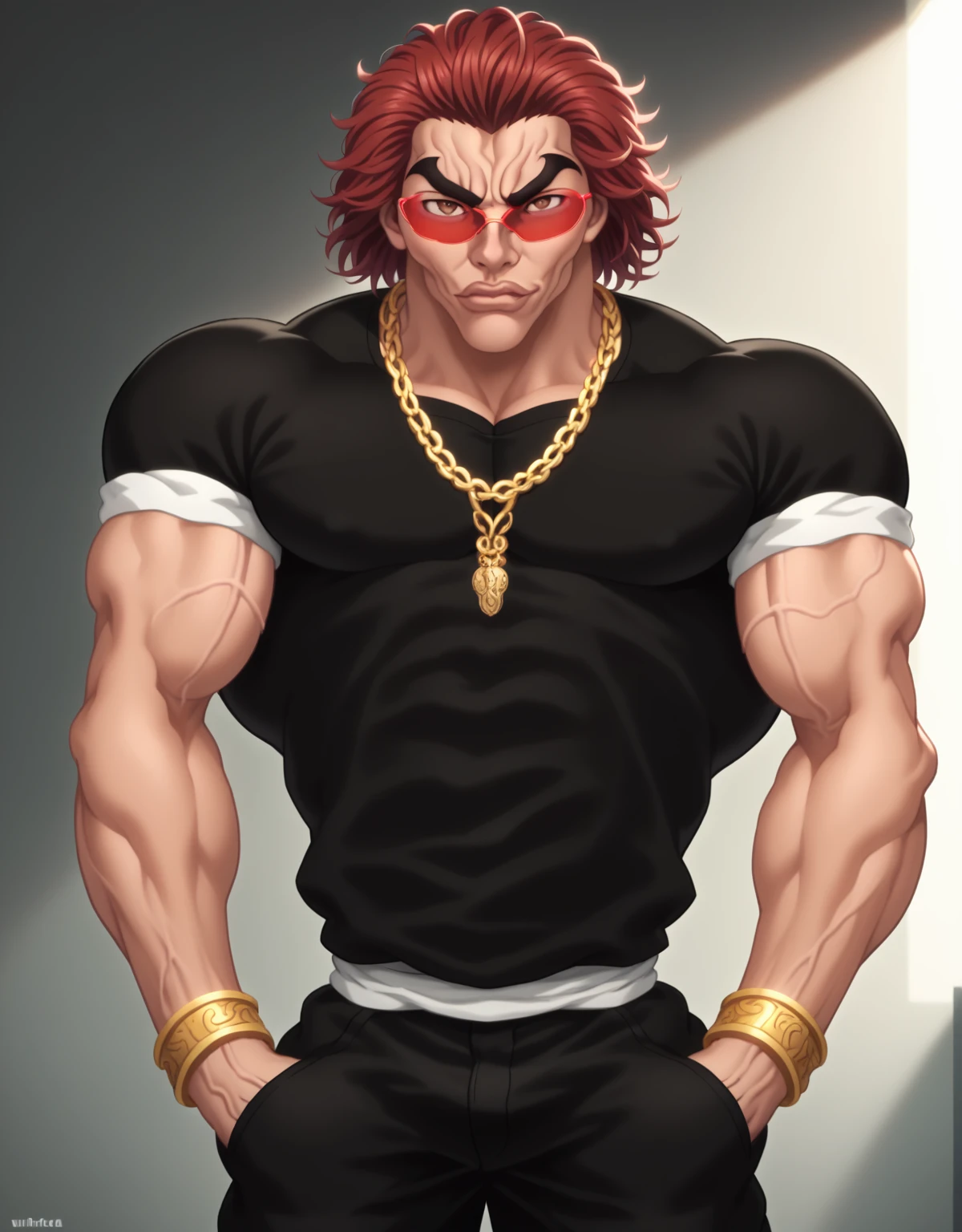 score_9, score_8_up, score_7_up, YujiroHanma, 1boy, male focus, solo, black shirt, chain necklaces, bracelets, gold, sunglasses, red-tinted eyewear, muscular male, black pants, short sleeves, pupils, brown eyes, red hair, manly, veins, dynamic lighting, extremely detailed, cowboy shot, neutral pose, looking at viewer, slouching, hands in pockets, SkylerWhiteYo, lips, very veiny, glare, chroma key,