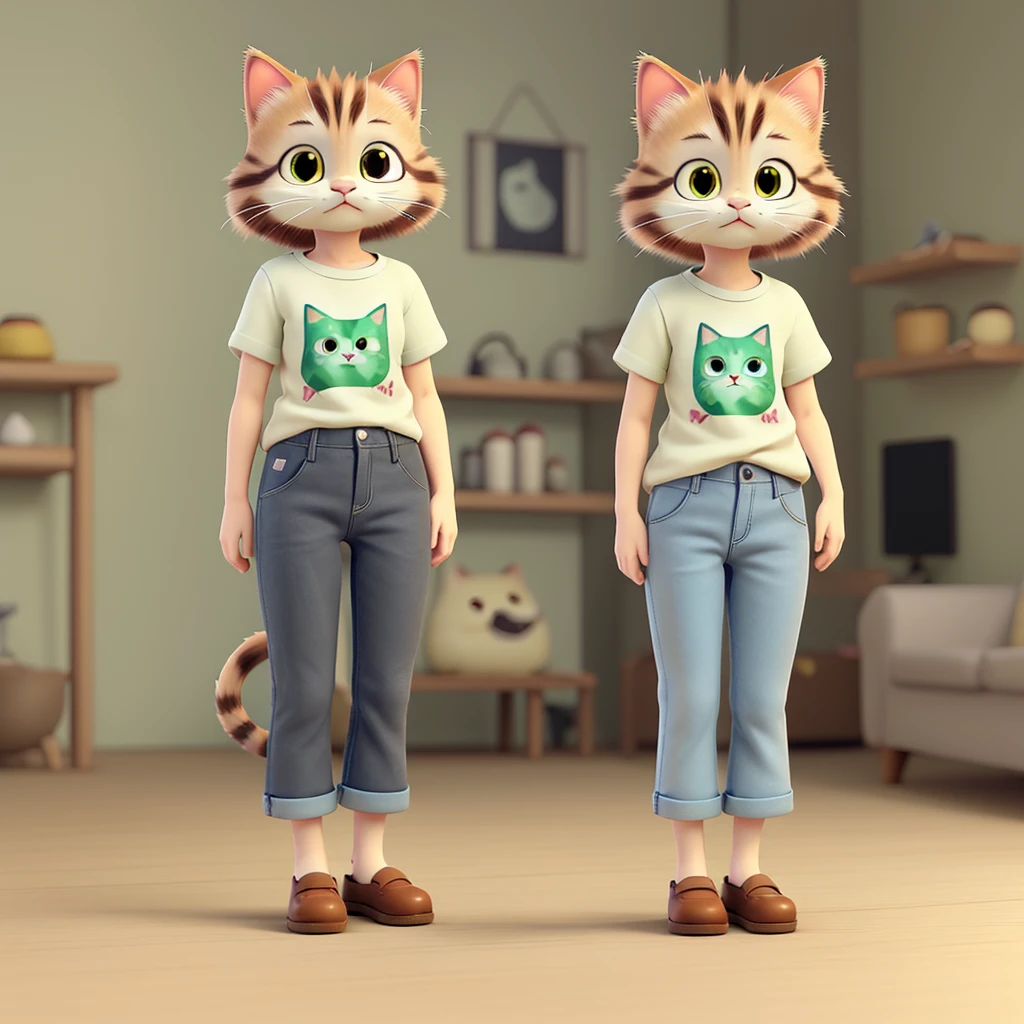 Small cat　Realistic feel　Ghibli style　Cute cat　Only one。　T-Shirts　pants　