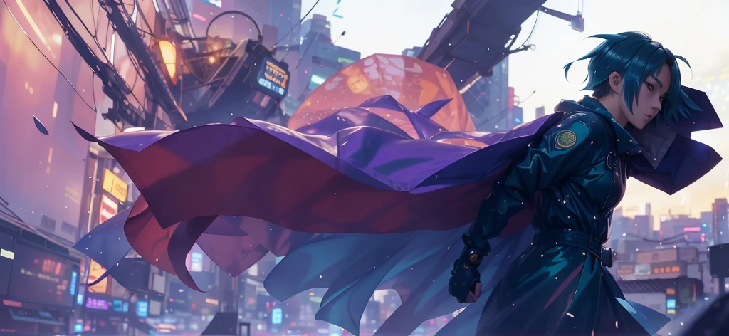 anime girl character in a raincoat, Abstraction on the background, cities, 1 man, adult, cute, tall muscular guy, broad shoulders, Detailed eyes and face, overflowing magic, Green light, (masterpiece, Side light, Lovely beautiful eyes: 1.2), HDR, Digital Cyberpunk Anime Art, ross tran 8 k,
