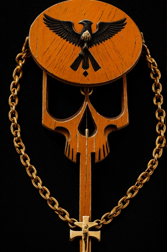 Orange Emblem in the form of a Christian cross on a black background with the image , on one part of the cross there is a raven mask on the other part of the cross there is a watch with a chain,to another skull.  