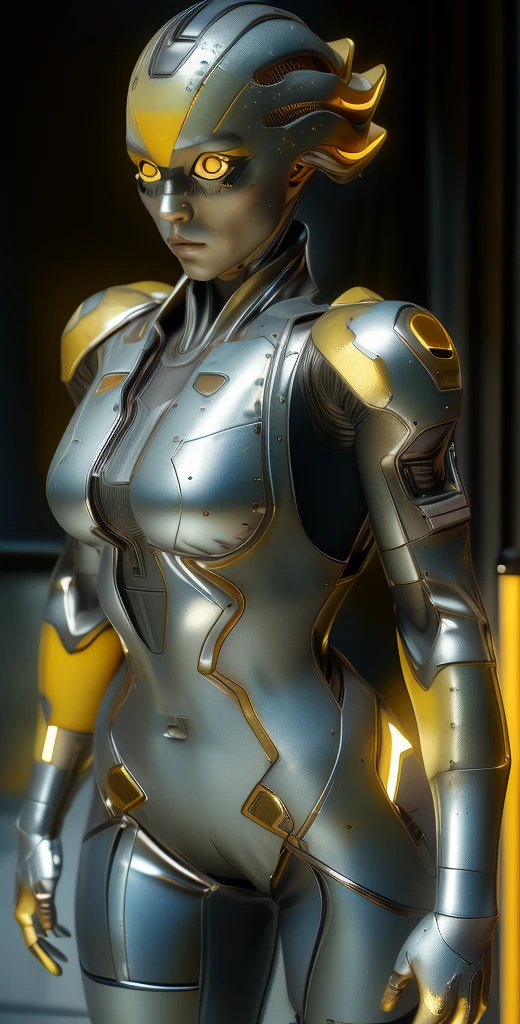 1 girl, solo, (look at viewer), ((Best quality)), ((masterpiece)), (detailed:1.4), ((upper body)), 3D, an image of a beautiful cyberpunk female,HDR (High Dynamic Range), Ray Tracing,NVIDIA RTX,Super-Resolution,Unreal 5,Subsurface scattering,PBR Texturing,Post-processing,Anisotropic Filtering,Depth-of-field,Maximum clarity and sharpness,Multi-layered textures,Albedo and Specular maps,Surface shading,Accurate simulation of light-material interaction,Perfect proportions,Octane Render,Two-tone lighting,Wide aperture,Low ISO,White balance,Rule of thirds,8K RAW, (((yellow eyes))), (((liquid metal black short hair))), PEEBEE, (dark skin:1.2), yellow eyes,,, medium breasts, yellow bodysuit, belt, (( gold/silver amor))
