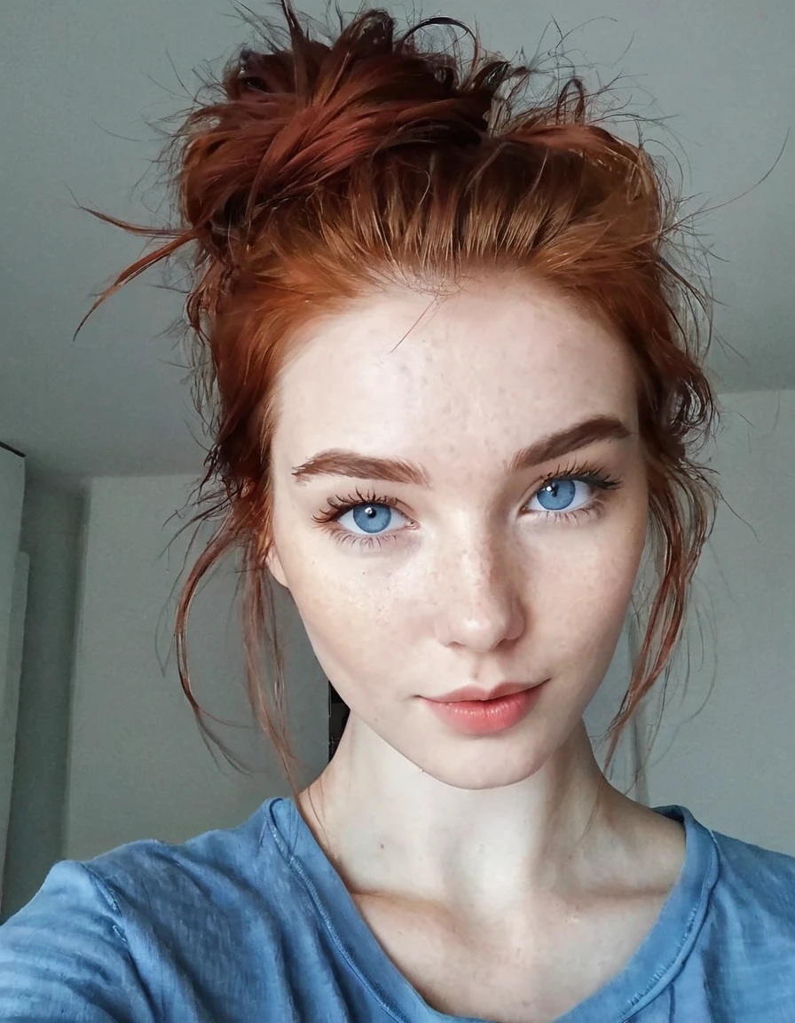 selfie d'une femme rousse magnifique de 23 ans nue sans vêtement avec un beau visage et des yeux détaillé. Elle a les cheveux long et a des yeux bleu
