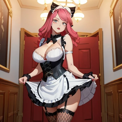 (Alone),Mei Hatsume, a girl with yellow eyes with cross-shaped pupils and asymmetrically combed pink hair, with two longer strands on the right side of her face, stood in front of a full-figured woman. long mirror admiring your reflection.(Wearing),+,Wearing),+,(\A maid uniform with The apron is made of sheer, almost translucent black lace, which barely hides the maid's curvaceous body underneath. The front falls scandalously low, exposing the fullness of her breasts and most of her cleavage. Thin straps hold the apron in place, digging into your shoulders and drawing attention to your toned arms. Her corset is a slinky red number with built-in push-up cups that enhance her already impressive bust size. The corset has a deep V-neckline that disappears into the apron, emphasizing her ample cleavage. Thong-style laces crisscross her back, drawing attention to her narrow waist and the tantalizing hint of her ass. Her miniskirt is made from the same sheer lace as her apron, ending at mid-thigh to give a full view of her toned legs and the red garter belt wrapped around them. The garter belt supports fishnet stockings that ride up mid-thigh, adding a touch of fetish to the overall look. On her feet, she wears stiletto heels with ankle straps, enhancing her seductive and leggy appearance. Her hair is styled in loose, tousled waves, framing her face and drawing attention to her full lips, painted a bold crimson red. To complete the look, she uses a white duster as a prop, using it to tease and caress her own body in suggestive ways. The overall effect is one of unabashed, unapologetic sexuality packaged in a classic maid uniform that has become entirely explicit and provocative.)/,+,(\Facing the front of the fourth wall looking at the fourth wall:1.5)/